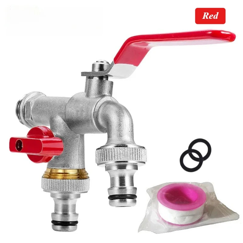 Brass Garden Water Faucet Tape Keys 1/2'' 3/4'' 1 Inlet 2 Outlet Bibcock with Dual Nipple Water Splitter Connector