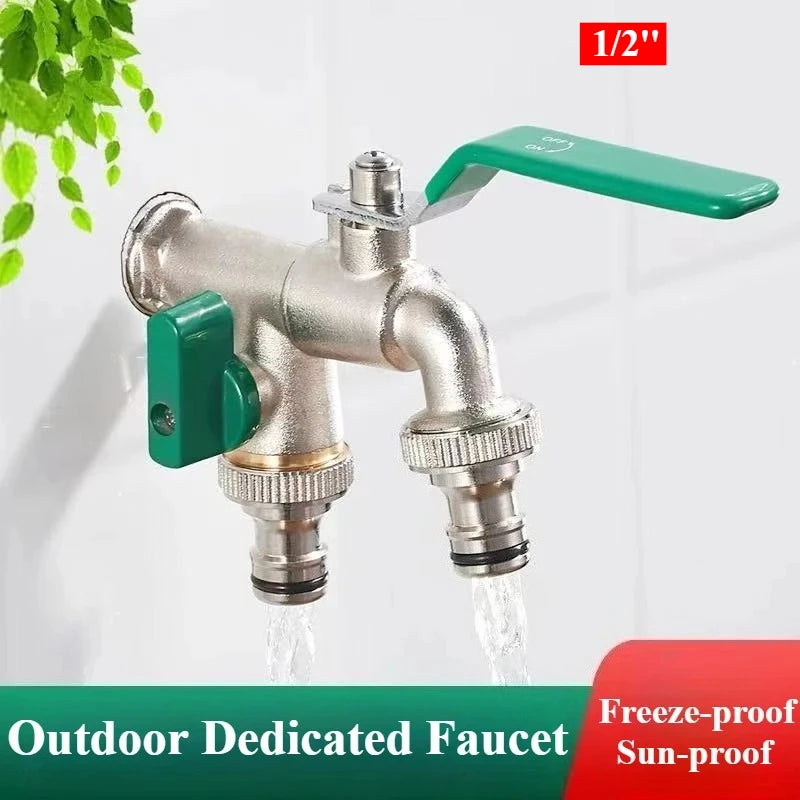 Brass Garden Water Faucet Tape Keys 1/2'' 3/4'' 1 Inlet 2 Outlet Bibcock with Dual Nipple Water Splitter Connector