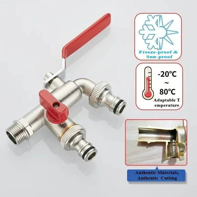 Brass Garden Water Faucet Tape Keys 1/2'' 3/4'' 1 Inlet 2 Outlet Bibcock with Dual Nipple Water Splitter Connector